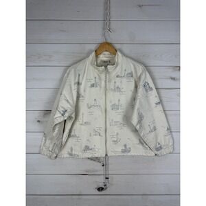 Artisans Jacket Womens Large White Lighthouse Print Nautical Full Zip Made USA